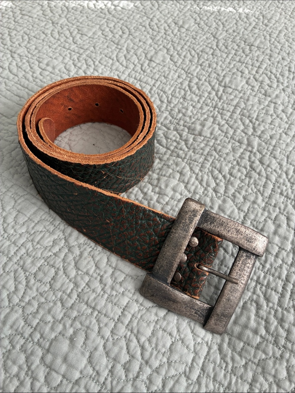 CYDWOQ Handmade Men's Textured Leather Casual Belt Brown/Green Silver Buckle